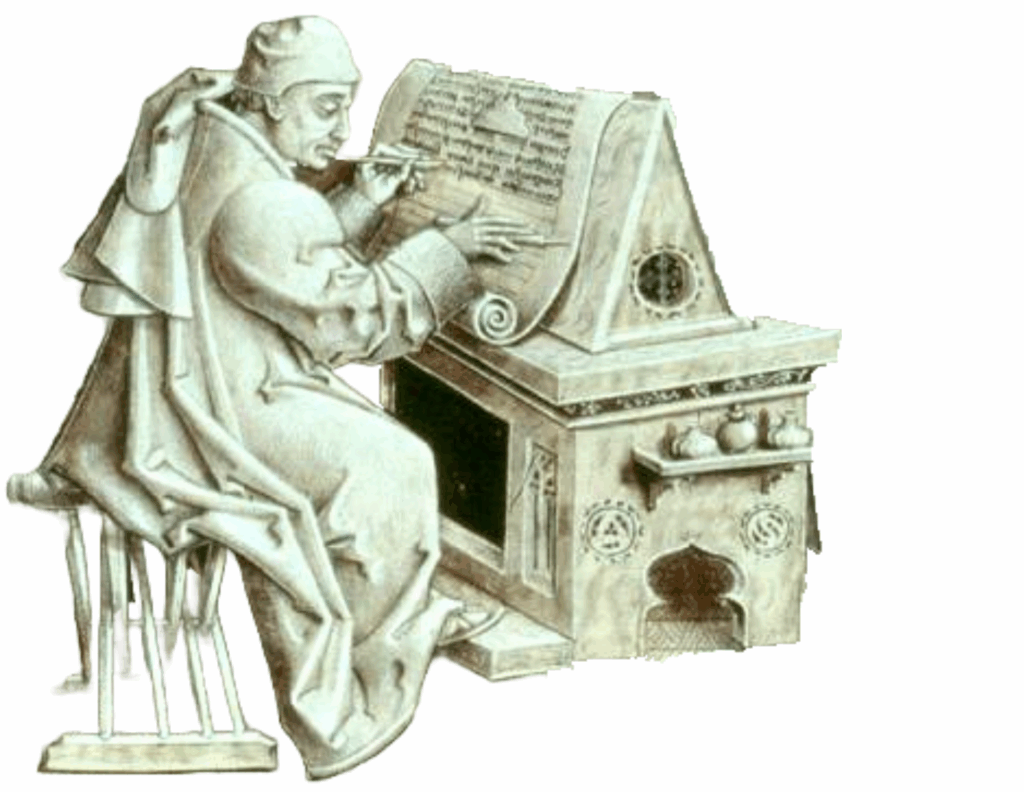 A monk at his desk illustrating a manuscript.